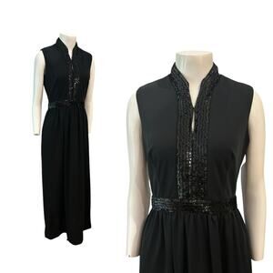 Vintage Black Sequin Sleeveless Maxi Dress by Joseph Magnin / Medium -